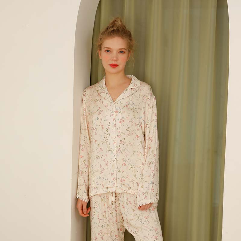 Ownkoti – Vêtements d'intérieur en satin à manches longues et col en V à fleurs