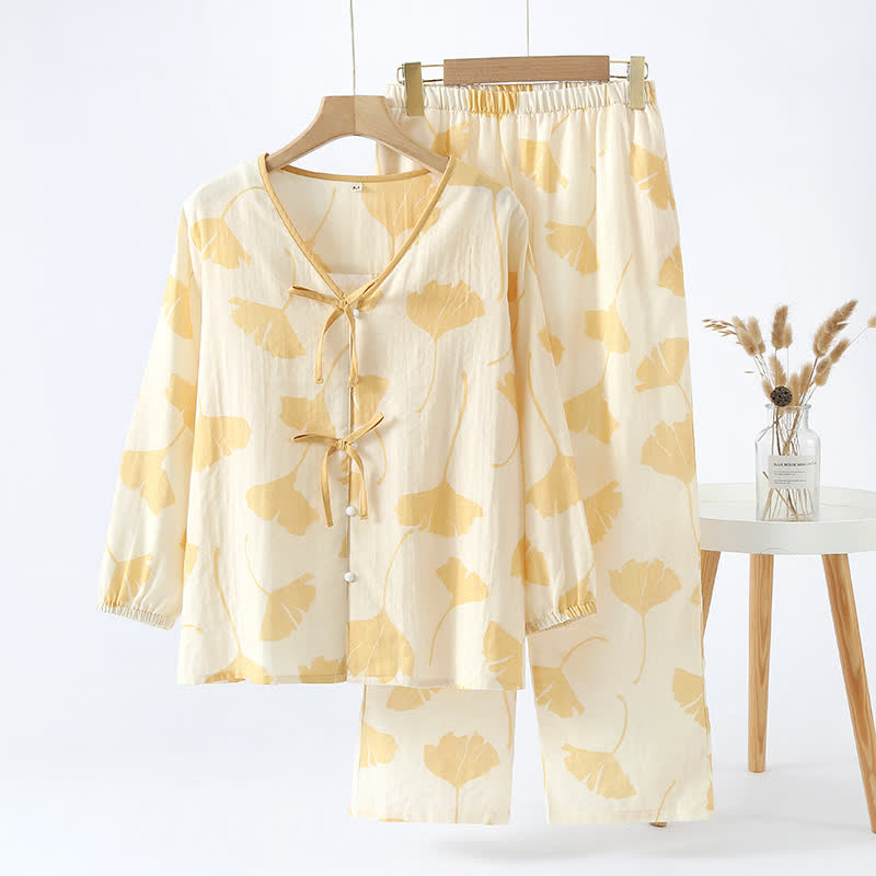 Ensemble de vêtements d'intérieur en coton avec nœud en feuille de ginkgo