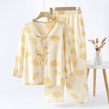Ensemble de vêtements d'intérieur en coton avec nœud en feuille de ginkgo