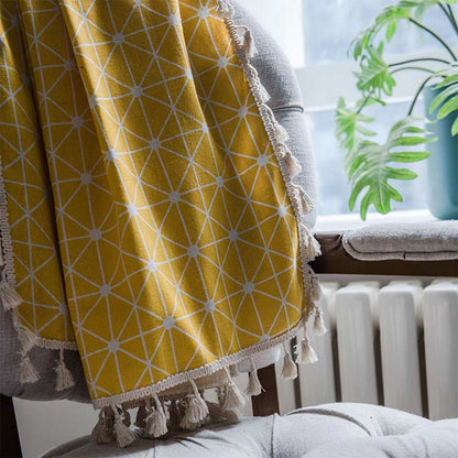 Rideaux transparents à carreaux jaunes Ownkoti avec pompons
