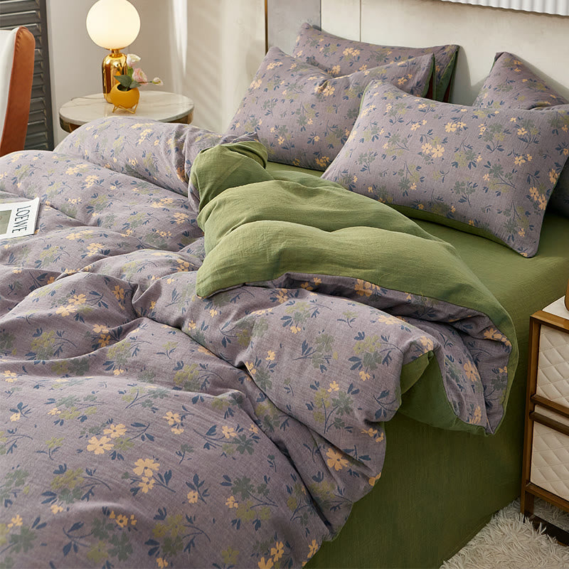 Linge de lit réversible en coton avec fleurs et feuilles pastorales