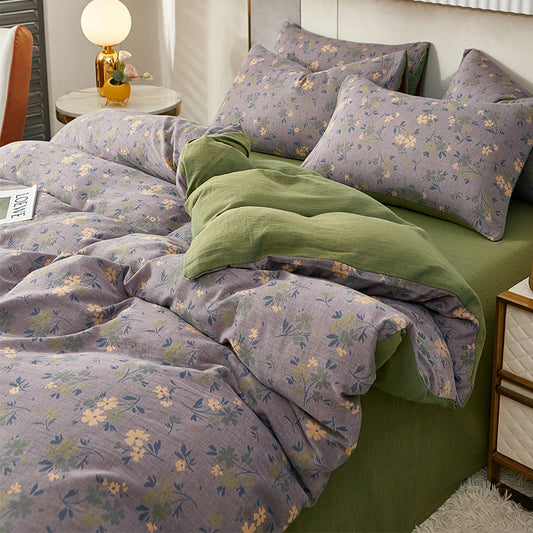 Linge de lit réversible en coton avec fleurs et feuilles pastorales