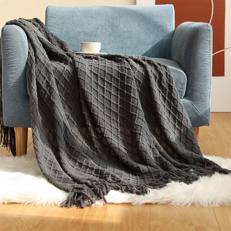 Ownkoti – Couverture tricotée avec motif prisme et pompons