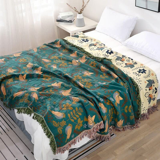 Couverture réversible respirante Ownkoti Boho avec fleurs et oiseaux