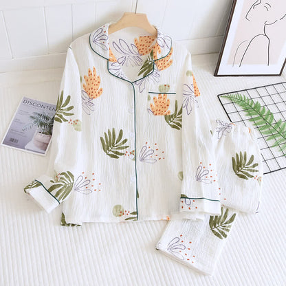 Ensemble pyjama en pur coton à motif feuilles et manches longues