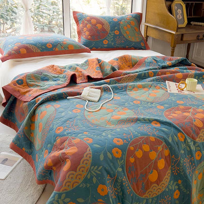 Couette double face en coton avec motif de fleurs de kaki