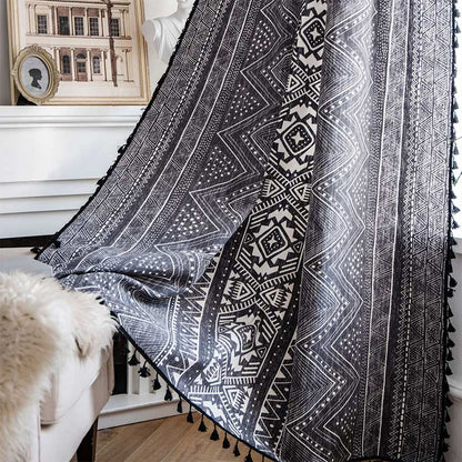 Rideaux bohèmes Ownkoti à motifs géométriques, en coton, avec pompons, noir