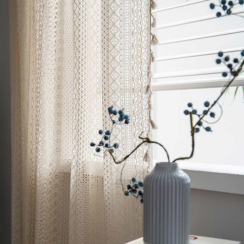 Rideau en coton beige à pompons creux