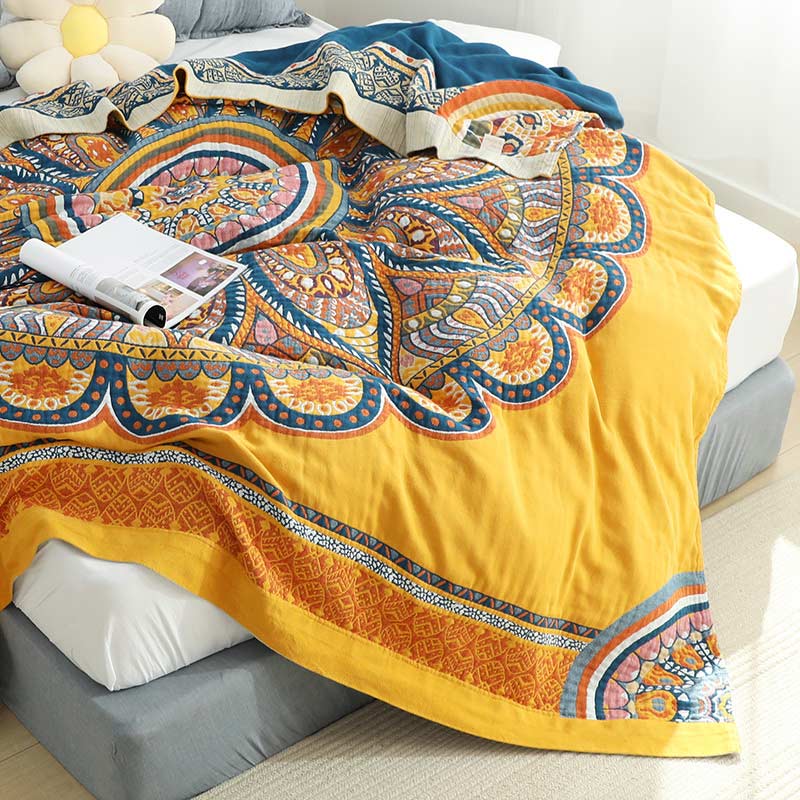 Couette d'été réversible bohème Ownkoti à fleurs jaunes
