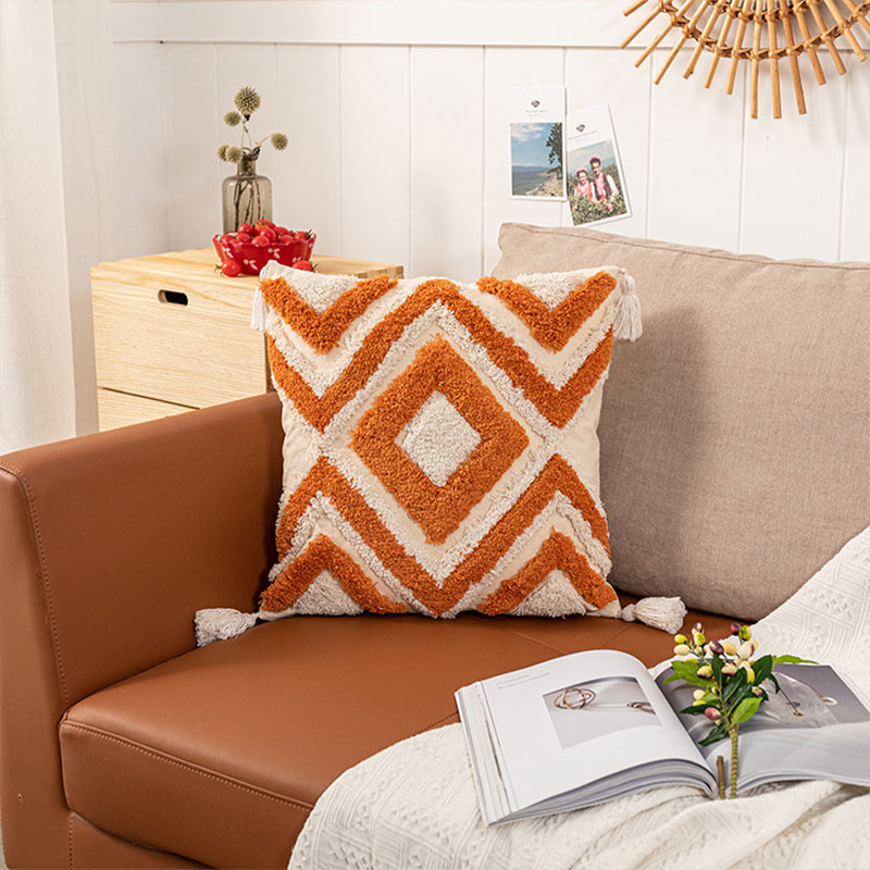 Housse de coussin Ownkoti Maroc en jacquard avec pompons