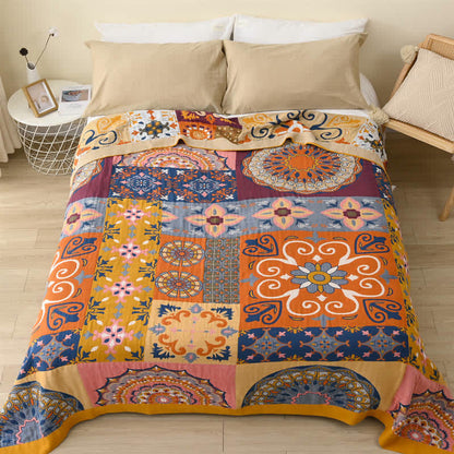 Couverture réversible en coton Ownkoti avec motif à carreaux et fleurs colorées
