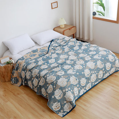 Couverture réversible respirante en gaze de coton avec motif chat