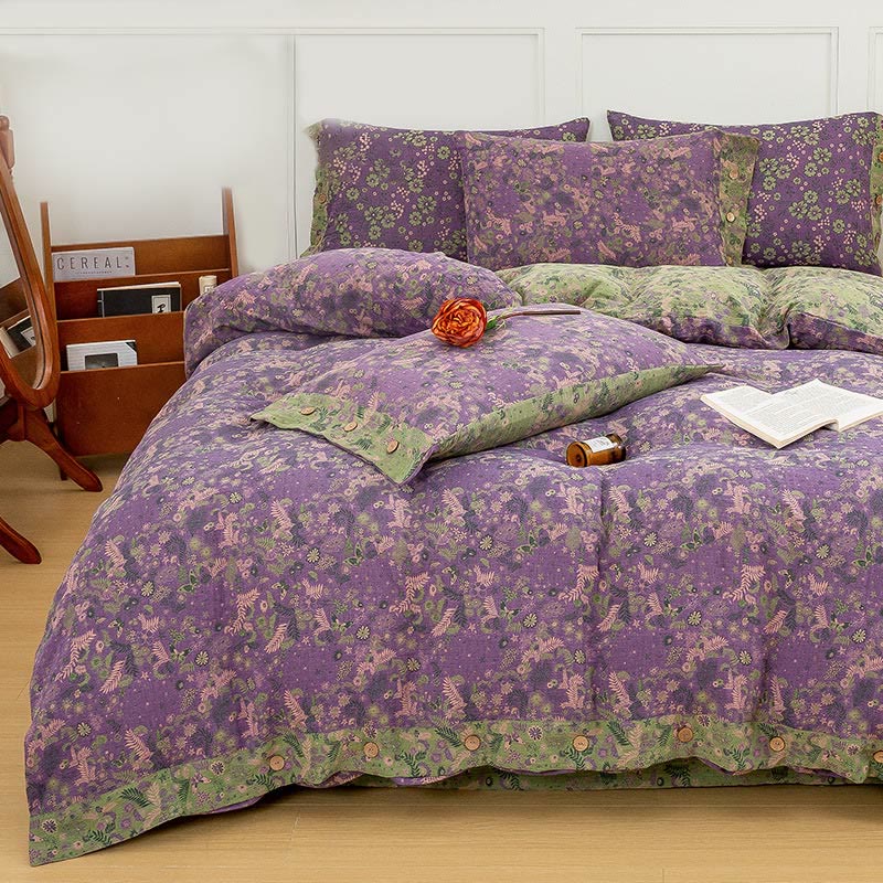 Parure de lit en coton violet à fleurs bohèmes (4 pièces)