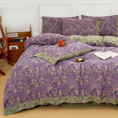 Parure de lit en coton violet à fleurs bohèmes (4 pièces)