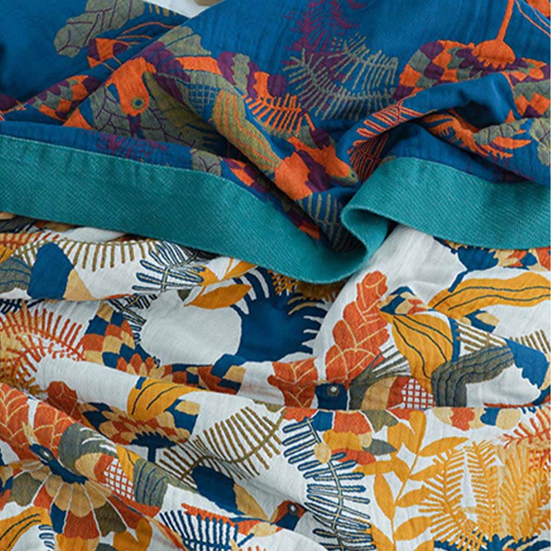 Ownkoti Couverture douce en coton réversible avec oiseaux et fleurs