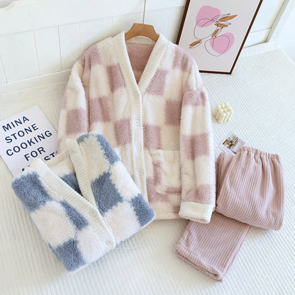 Ensemble pyjama à col en V en damier doux et moelleux