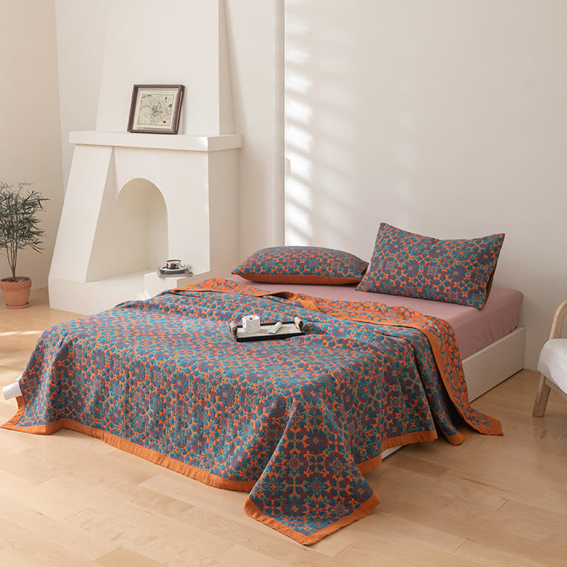 Couette en coton à six couches avec motif orange et bleu