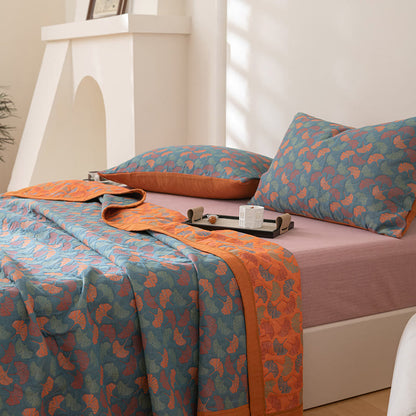 Couette réversible en coton avec motif pastoral de feuilles de ginkgo