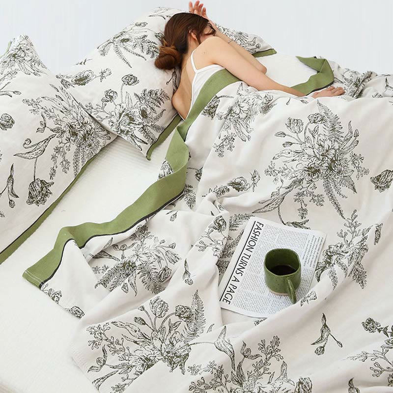 Couette réversible en coton avec fleurs et feuilles pastorales