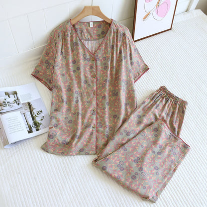 Ensemble de vêtements d'intérieur en coton et soie à fleurs - Vert - XL - image 4