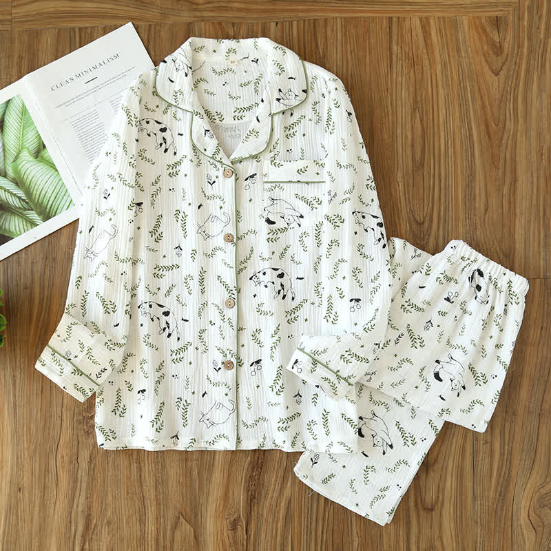 Ensemble pyjama en coton mignon avec chat et feuille