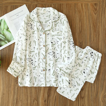 Ensemble pyjama en coton mignon avec chat et feuille
