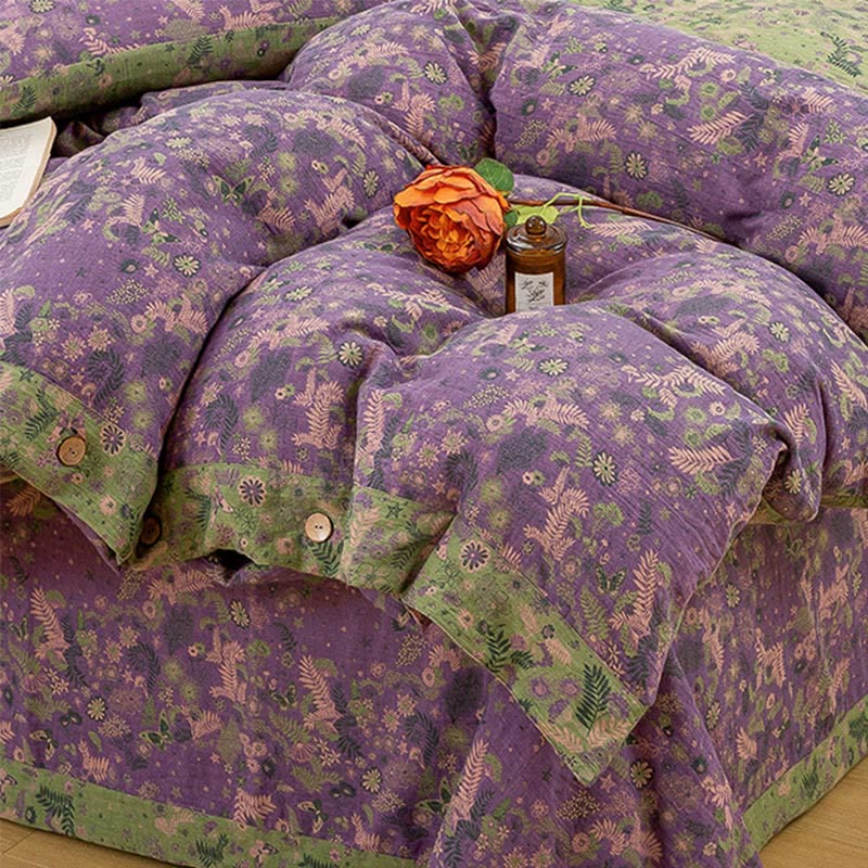 Parure de lit en coton violet à fleurs bohèmes (4 pièces)