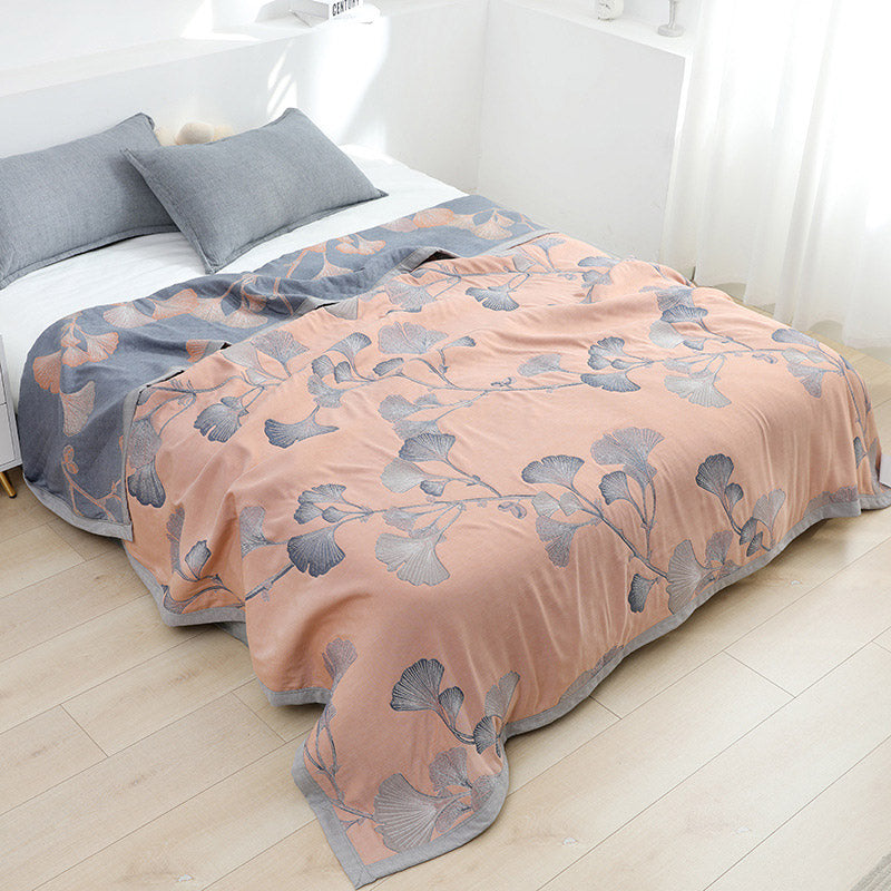 Couette réversible en gaze de coton avec feuilles de ginkgo