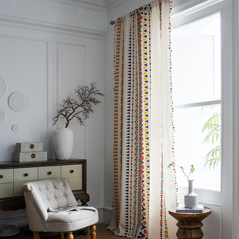 Rideau bohème Ownkoti avec motifs géométriques colorés et pompon
