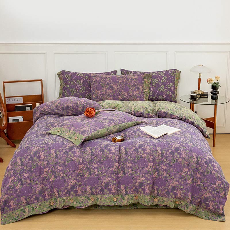 Parure de lit en coton violet à fleurs bohèmes (4 pièces)