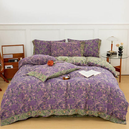 Parure de lit en coton violet à fleurs bohèmes (4 pièces)