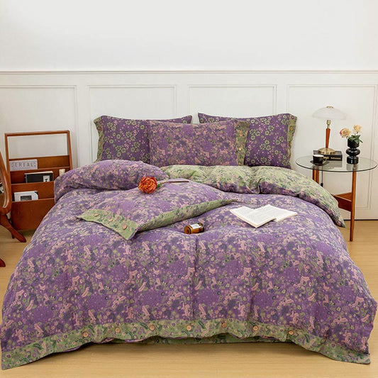 Parure de lit en coton violet à fleurs bohèmes (4 pièces)