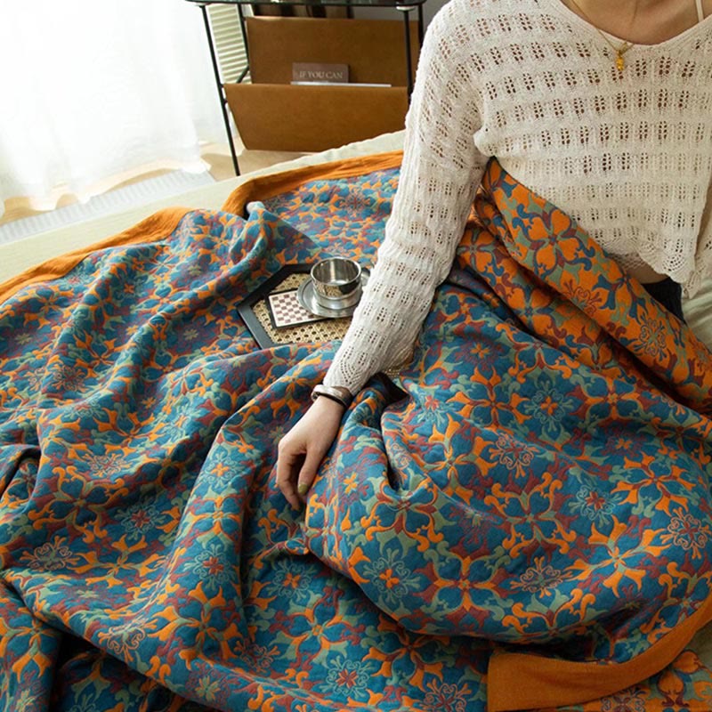 Couette en coton à six couches avec motif orange et bleu