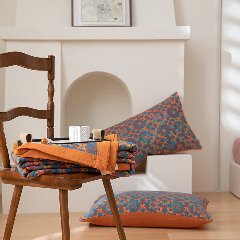 Couette en coton à six couches avec motif orange et bleu