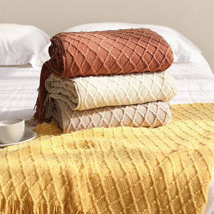 Ownkoti – Couverture tricotée avec motif prisme et pompons