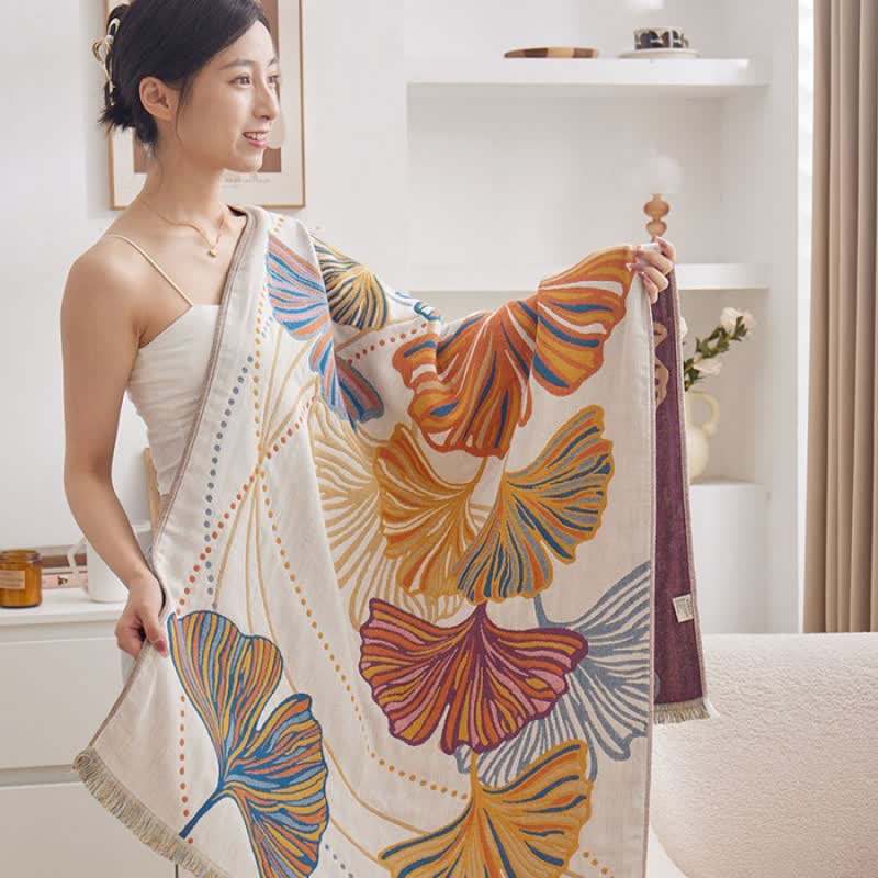 Serviette de bain en coton absorbant avec feuilles de ginkgo