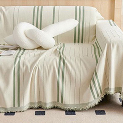 Housse de canapé en chenille à rayures droites et pompons