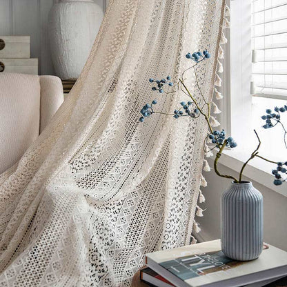 Rideau en coton beige à pompons creux