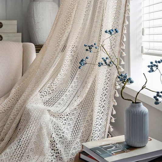 Rideau en coton beige à pompons creux
