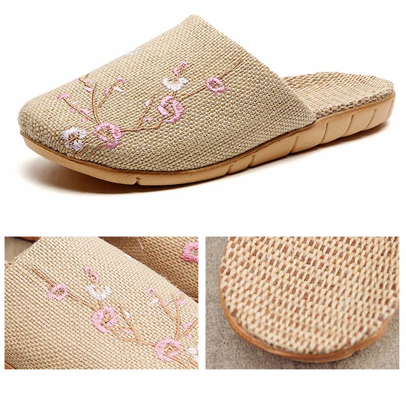 Chaussons confortables en lin brodés Plum Bossom
