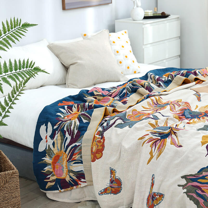 Couette réversible en coton à motif papillon et fleur