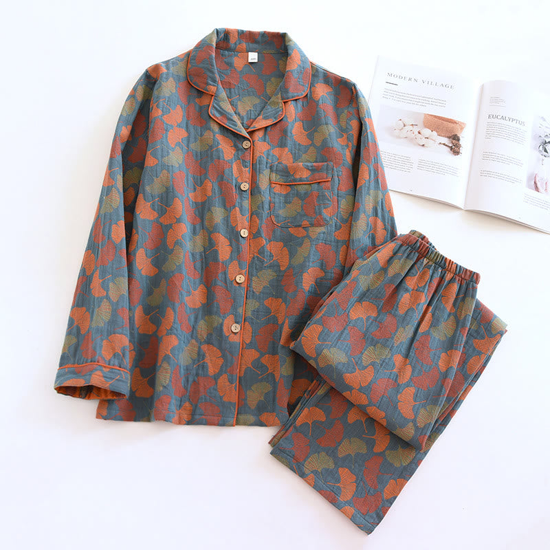 Ensemble de vêtements d'intérieur en coton avec bouton en forme de feuille de ginkgo - Bleu - Femmes - XL - image 0