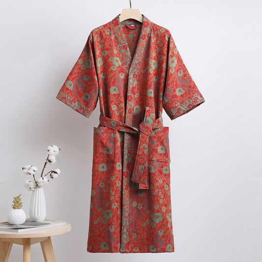 Peignoir en coton à motif jacquard floral et ceinture