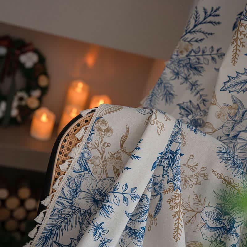Rideau filtrant la lumière Ownkoti avec motif en bois de pin et fleurs bleues