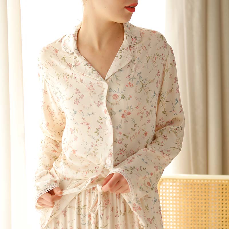 Ownkoti – Vêtements d'intérieur en satin à manches longues et col en V à fleurs