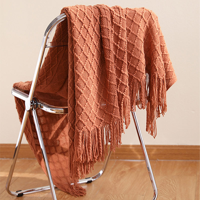 Ownkoti – Couverture tricotée avec motif prisme et pompons