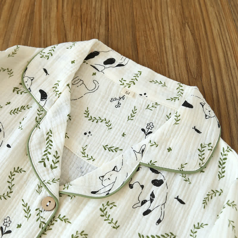 Ensemble pyjama en coton mignon avec chat et feuille