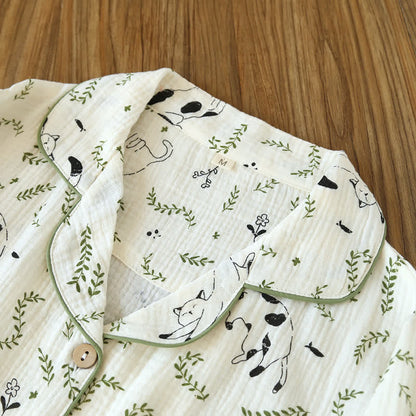 Ensemble pyjama en coton mignon avec chat et feuille