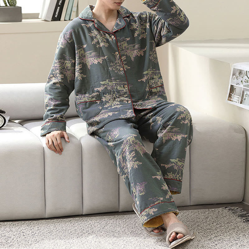 Ensemble de vêtements d'intérieur en gaze de coton à imprimé végétal