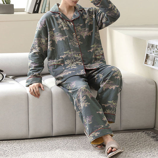 Ensemble de vêtements d'intérieur en gaze de coton à imprimé végétal